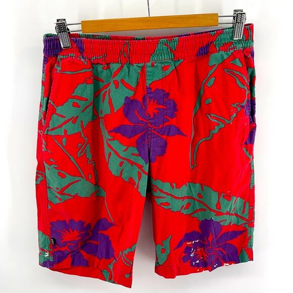 HUF Hawaiian floral print elastic tie drawstring waist pull on shorts sz L - Picture 1 of 7